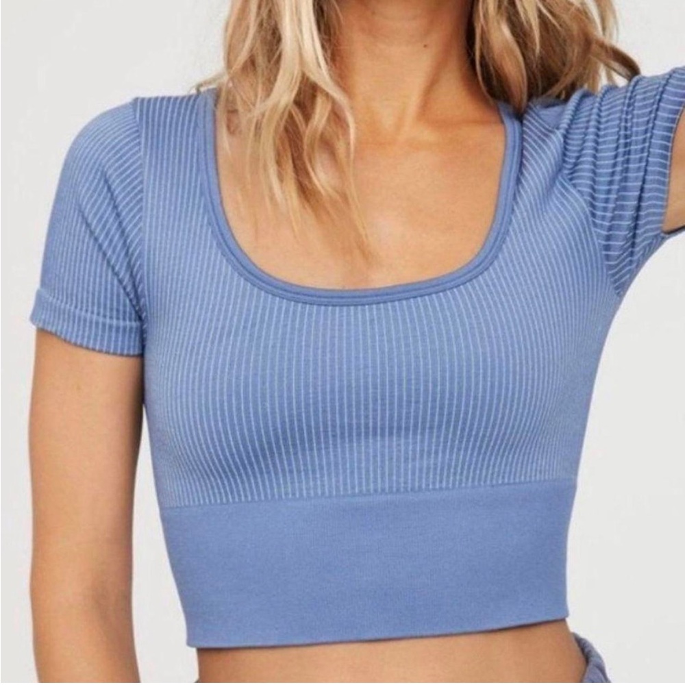 aerie Blue Ribbed Short Sleeve Crop Top